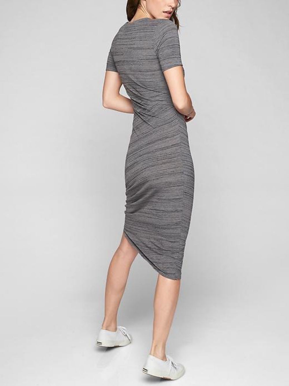 ATHLETA Gray Ruched Midi Dress S Space Dye Stretch Athleisure